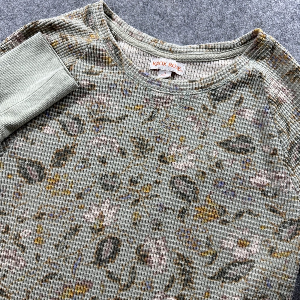 Knox Rose Waffle Knit Top Womens Small Sage Green Floral Thermal Raglan Sleeve